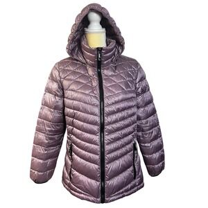 Calvin Klein Womens Packable Down Puffer Jacket Hooded Mauve Purple Quilted L